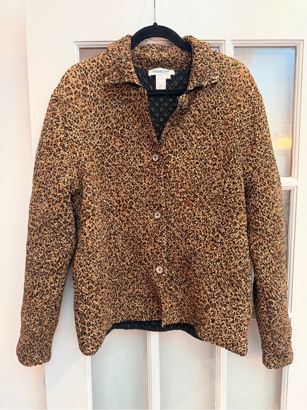Vintage Coldwater Creek Chic Y2K Brown Leopard Bouclé Button-Front Jacket Size L